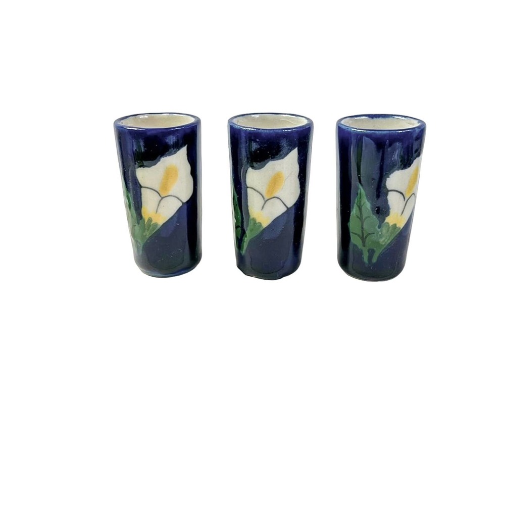Talavera Mexican Pottery Tequila Shot Glasses Terra Cotta Hand Painted Set of 3